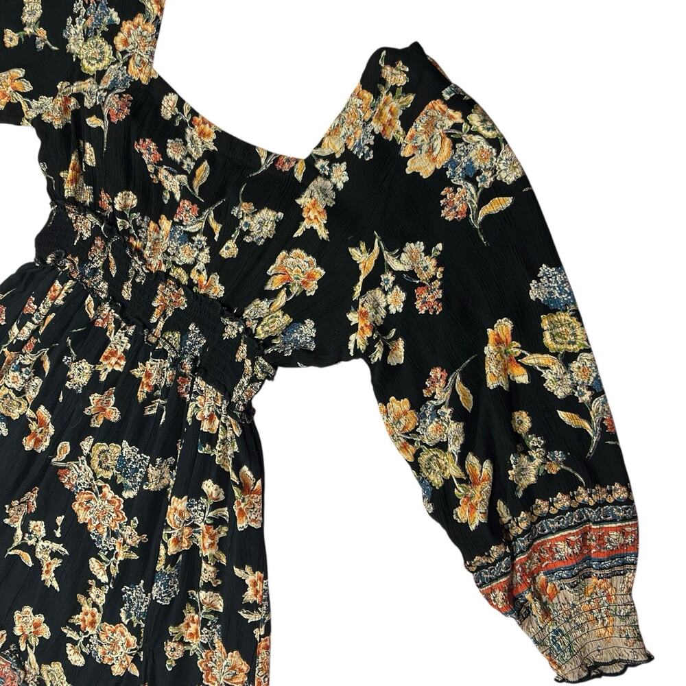 ANGIE Women’s Black Midi Dress Sz L Flowy Boho Floral High Low Smocked Slit - Picture 4 of 16